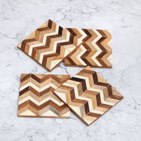 White and Brown Handmade Wooden Coasters - Pack of 4